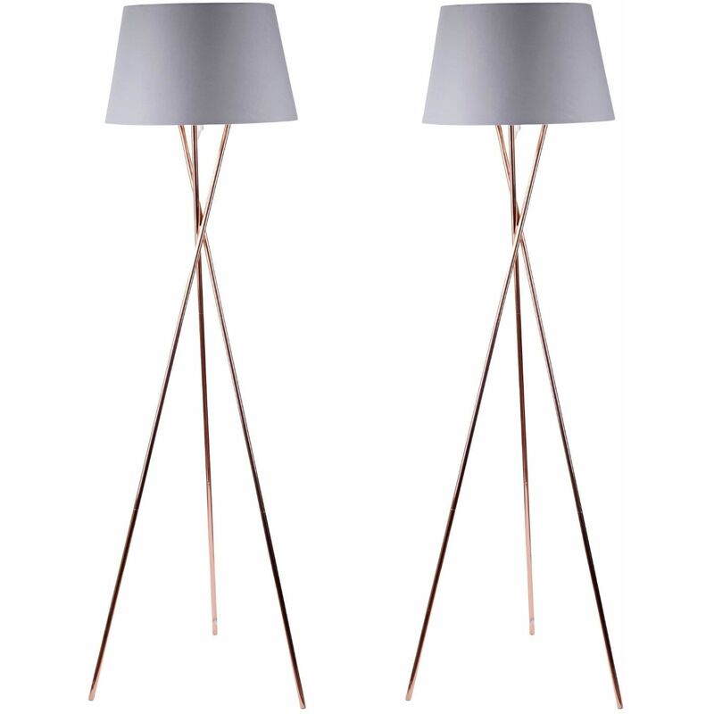 Pair Copper Tripod Floor Lamp with Grey Fabric Shade