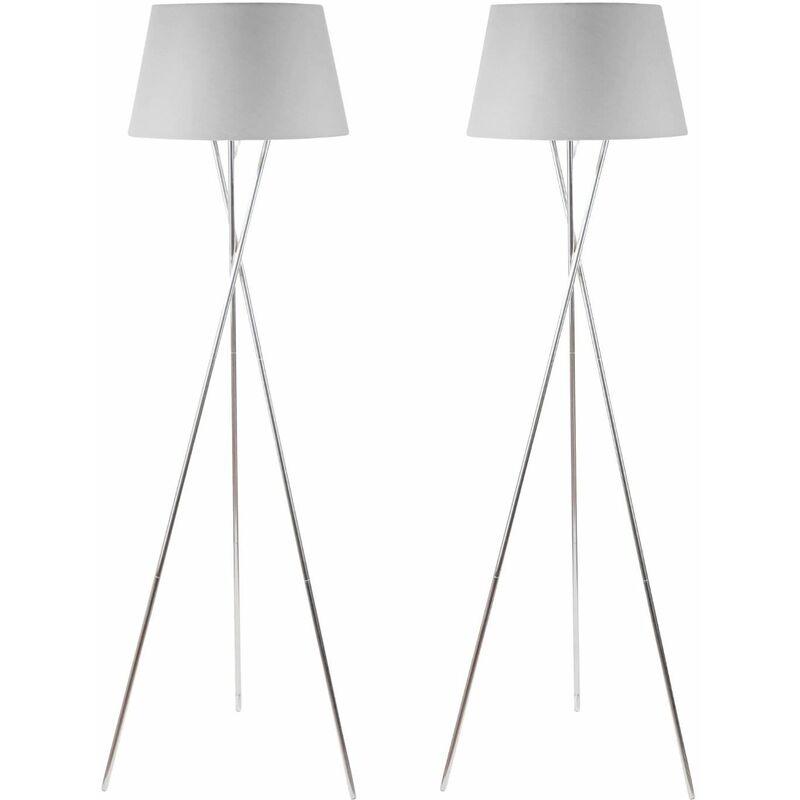 Pair Chrome Twist Tripod Floor Lamp with Grey Fabric Shade