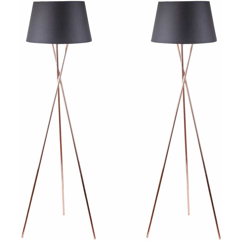 Pair Copper Tripod Floor Lamp with Black Fabric Shade