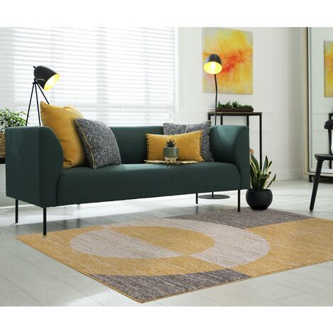 Modern Halo Rug for Living Room, Bedroom, Kitchen, Lounge Bold Geometric Design Ochre Grey Soft Rug in X-Large 200x290 cm (6'7"x9'6")