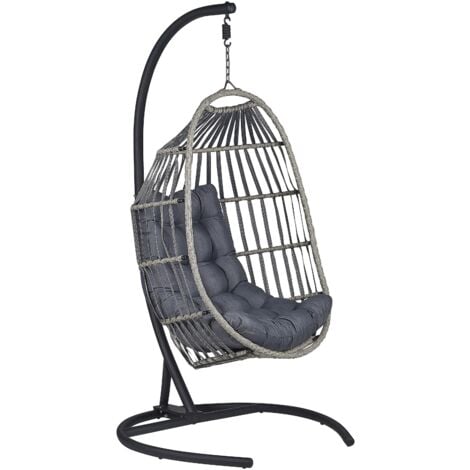 Modern Hanging Chair PE Rattan Dark Grey Egg Chair Patio Indoor with Stand Sesia