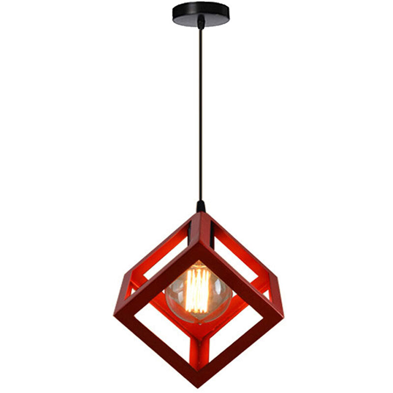 Creative Square Pendant Light Modern Metal Geometric Hanging Ceiling Lamp Cube Cage Chandelier Fixture (Red)
