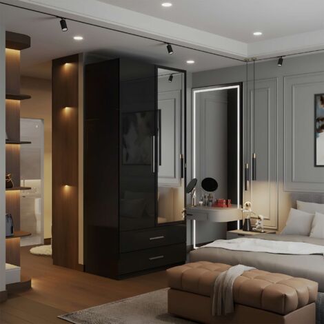 Modern High Gloss 2 Door Wardrobe with Mirror, Drawers and Hanging Rail - Black 80cm