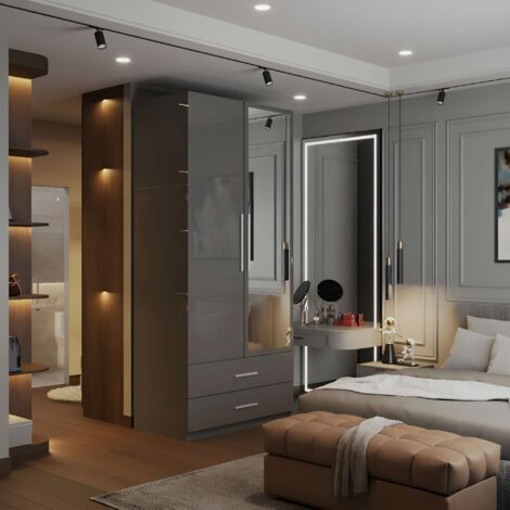 Modern High Gloss 2 Door Wardrobe with Mirror, Drawers and Hanging Rail - Grey 80cm