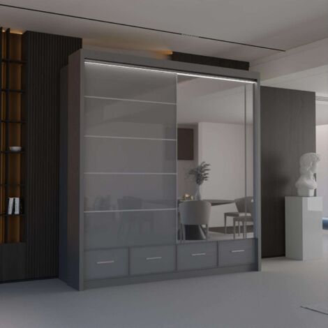 Modern High Gloss Sliding Wardrobe with LED & Mirror - Grey203cm