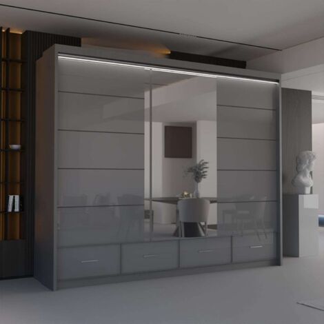 Modern High Gloss Sliding Wardrobe with LED & Mirror - Grey255cm