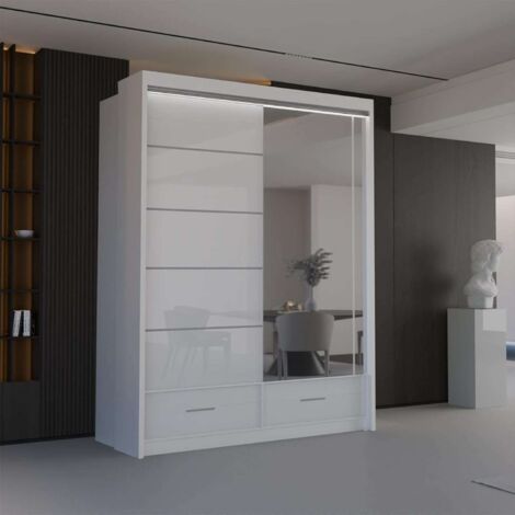Modern High Gloss Sliding Wardrobe with LED & Mirror - White150cm