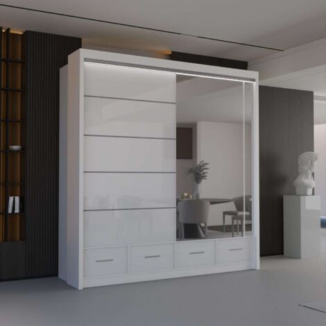 Modern High Gloss Sliding Wardrobe with LED & Mirror - White203cm