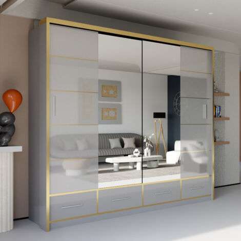 Modern High Gloss Sliding Wardrobe with Long LED Light Grey 203cm