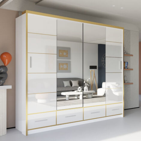 Modern High Gloss Sliding Wardrobe with Long LED Light White 203cm