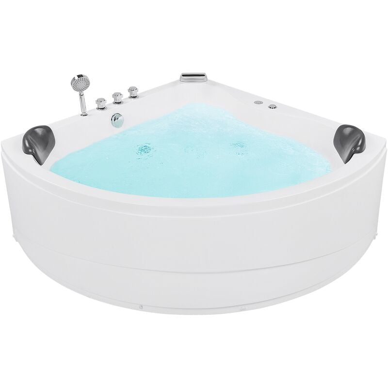 Modern Hot Tub Corner Bathtub Hydro Massage Jets LED Light White Acrylic Baracoa - White