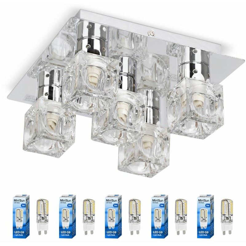 Minisun - Ice Cube 5 Way Flush Ceiling Spotlight + 3W G9 LED Light Bulbs - Chrome