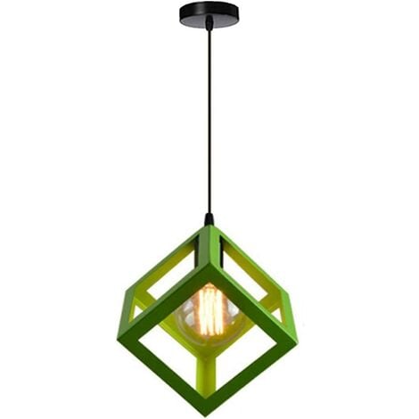 Modern industrial chandelier E27, square cube, metal iron ceiling light, lampshade (green, no bulbs)