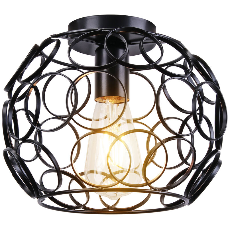 Wottes - Modern E27 Ceiling Lamp Black Metal Cage Pendant Light Shade Semi Flush Mount Ceiling Light