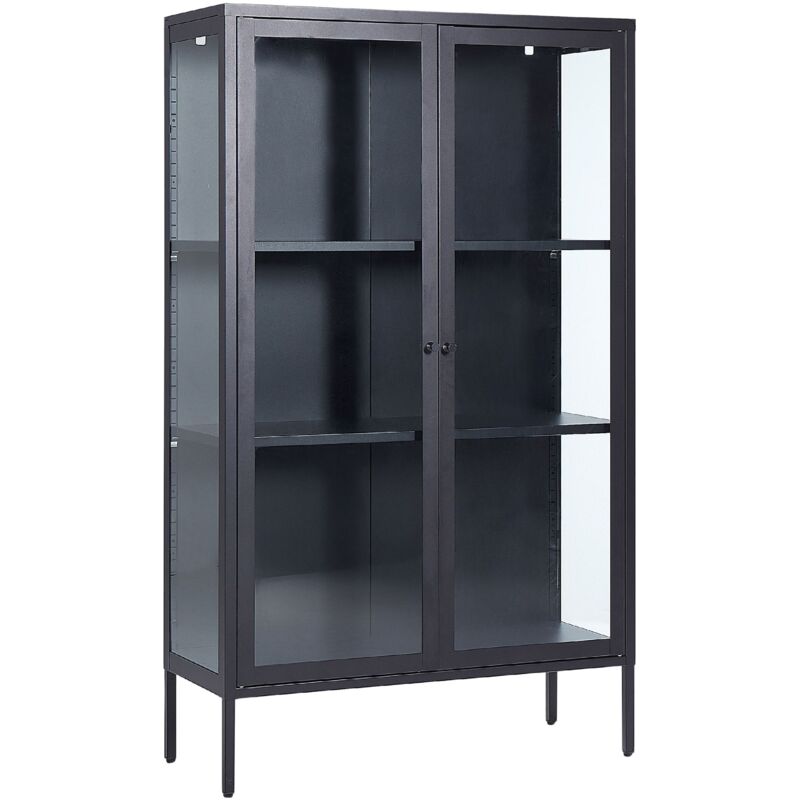 Modern Industrial Steel Highboard Cabinet 2 Doors Glass Elements Black Nash - Black