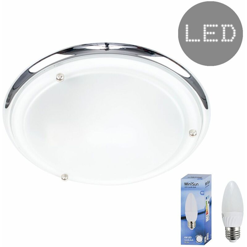 Minisun - IP44 Flush Bathroom Ceiling Light + 4W Cool White LED Candle Bulb - Chrome