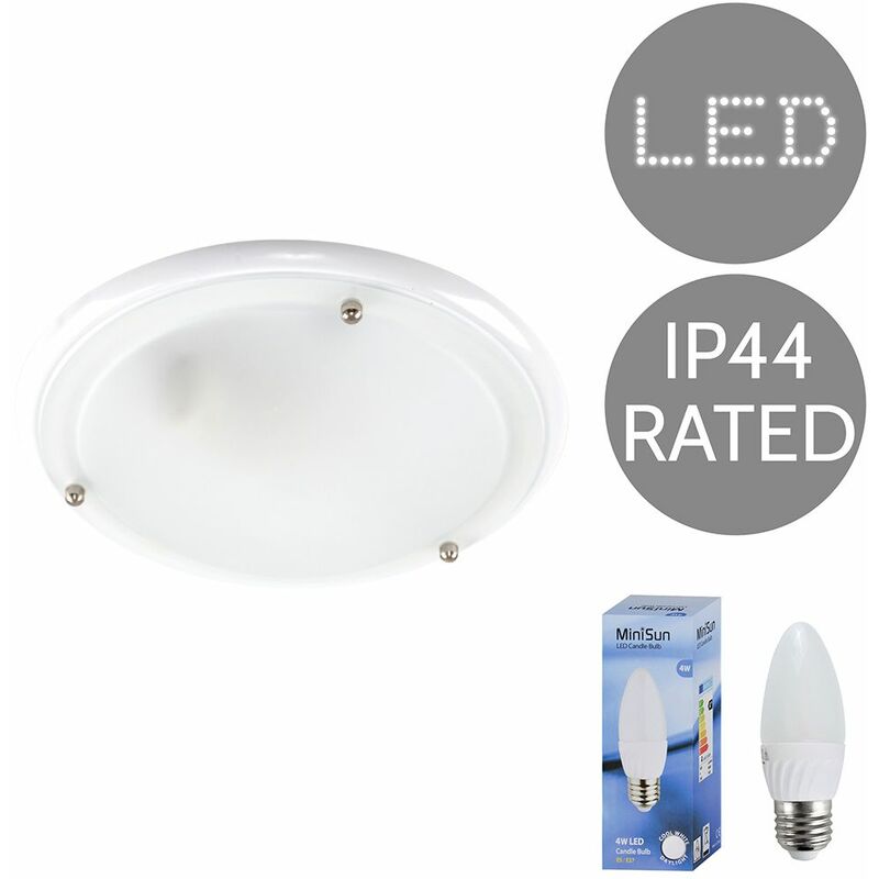 Minisun - IP44 Flush Bathroom Ceiling Light + 4W Cool White LED Candle Bulb - Gloss White