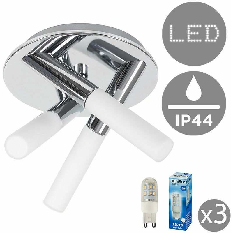 IP44 3 Way Cross Over Chrome Flush Ceiling Light Frosted Glass Shades - Cool White LED Bulbs