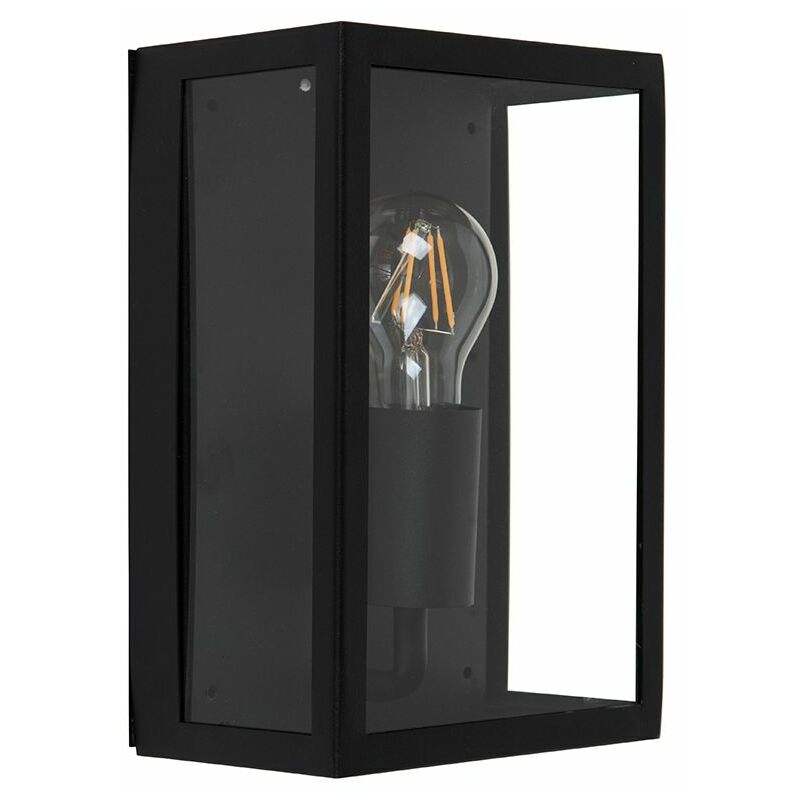 IP44 Rated Black & Glass Rectangular Outdoor Security Wall Light Lantern - No Bulb