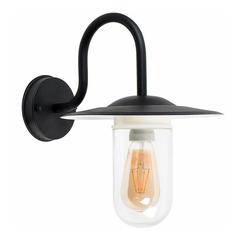 IP44 Black Metal Swan Neck Outdoor Lantern Wall Light Clear Glass Shade - 4W Filament LED Bulb