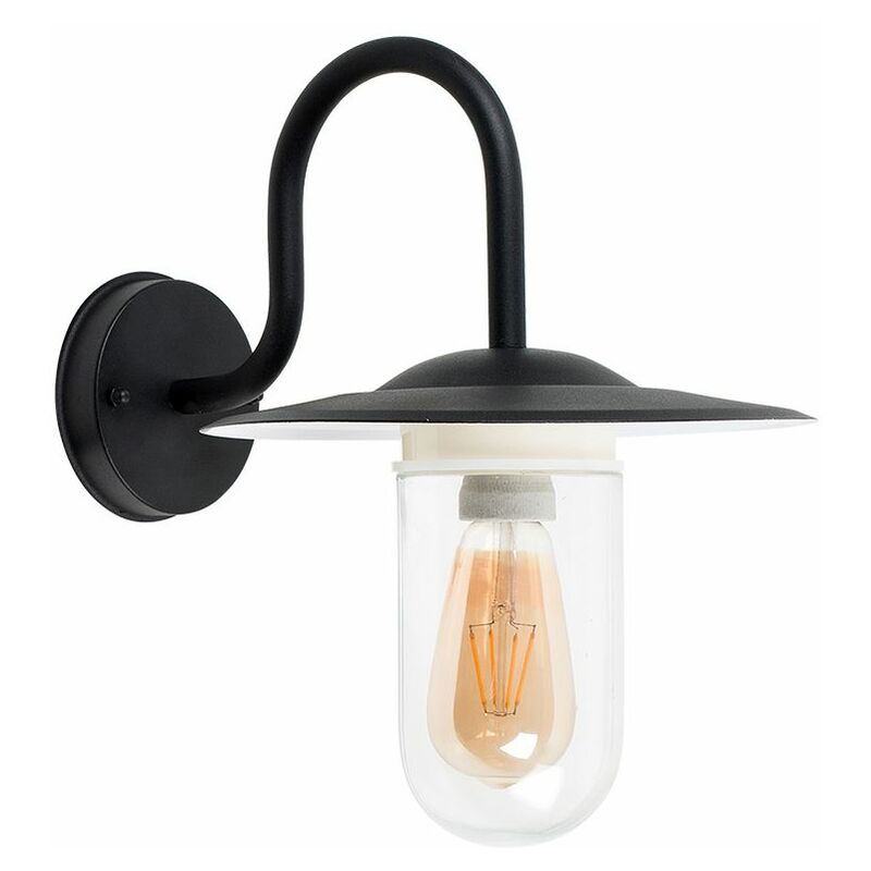 IP44 Black Metal Swan Neck Outdoor Lantern Wall Light Clear Glass Shade - No Bulb