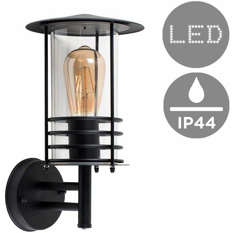 IP44 Black Stainless Steel Metal Outdoor Wall Light + 4W LED Filament Bulb - Warm White