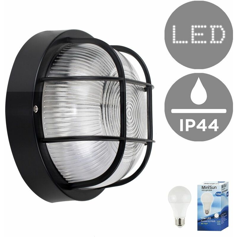 IP44 Rated Outdoor Garden Security Round Bulkhead Wall Light + 10W LED GLS Bulb - Black