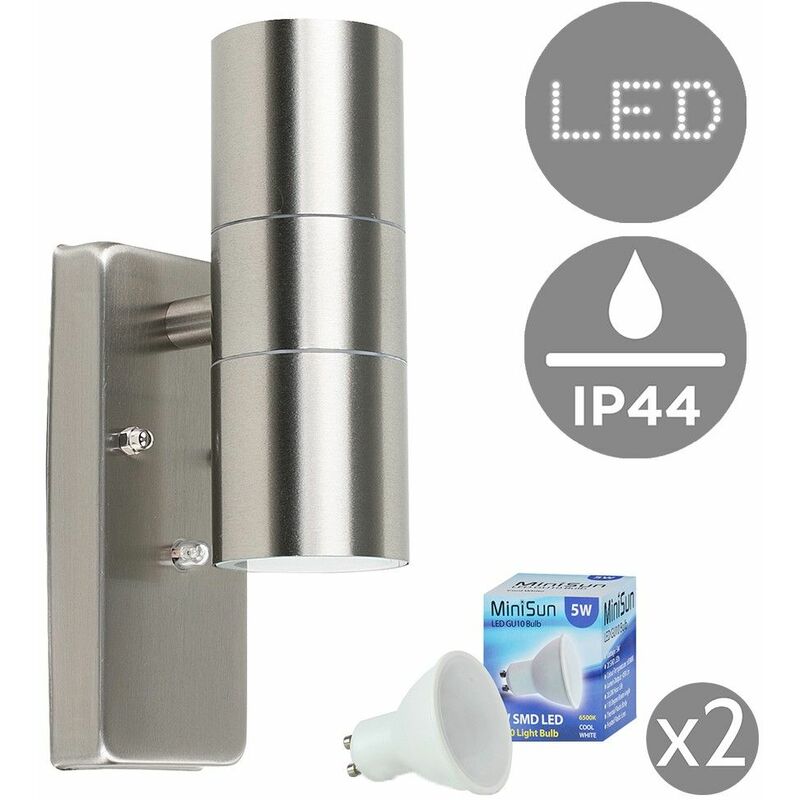 IP44 Rated Up/Down Outdoor Security Wall Light + 5W GU10 LED Bulbs - Cool White LED