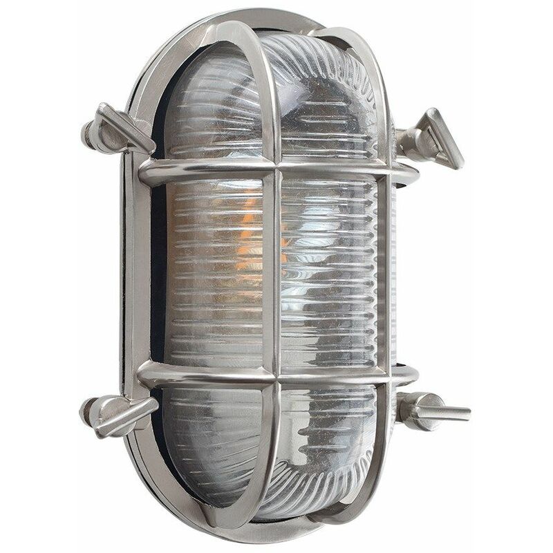 IP64 Rated Cross-Cased Metal Outdoor Bulkhead Wall Light - Brushed Chrome