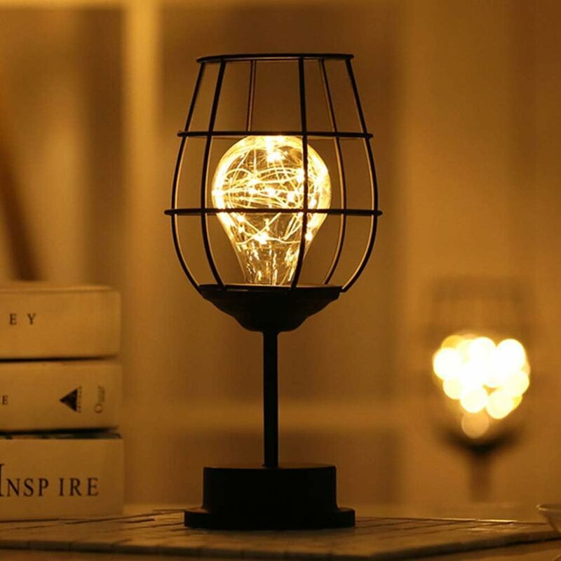 Hoopzi - Modern Iron Black Metal Wire Table Lamp - Cage Style - Retro Bedside Lamp - Battery Operated - For Bedroom , 1