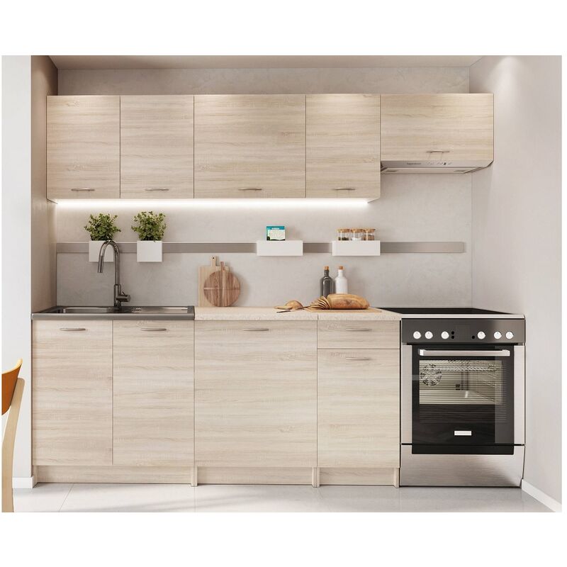 Kitchen 7 Units Cabinets set Sonoma Oak Cupboard and Worktop 240cm Base & Wall Budget - Sonoma Oak Effect