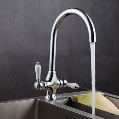 DAYPLUS Modern Kitchen Mixer Tap with White Ceramic Dual Lever 360 Degree Monobloc Swivel Spout Brass Body Chrome Finished Kitchen Sink Taps with 2 Hoses and UK Standard Fittings