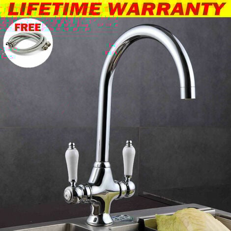 Modern Kitchen Mixer Tap with White Ceramic Dual Lever 360 Degree Monobloc Swivel Spout Brass Body Chrome Finished Kitchen Sink Taps with 2 Hoses and UK Standard Fittings