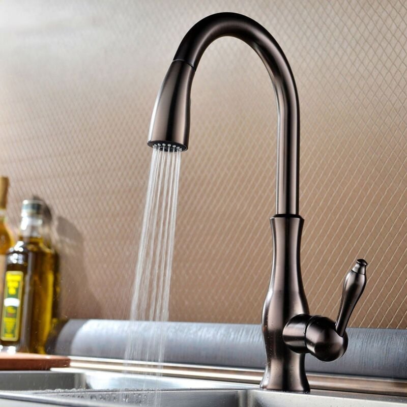 Modern kitchen mixer with handshower and copper extractable hose