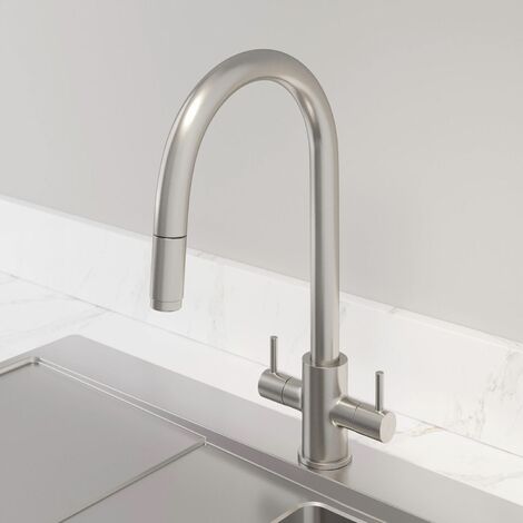 Modern Kitchen Tap Double Lever Pull out Spout Brushed Finish Hot and Cold - Silver