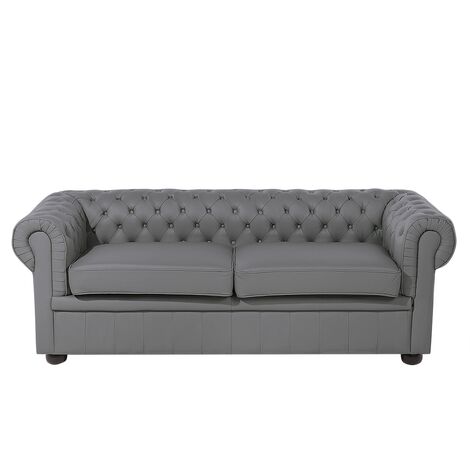 Modern Leather Sofa 3 Seater Button Tufted Scroll Arms Grey Chesterfield