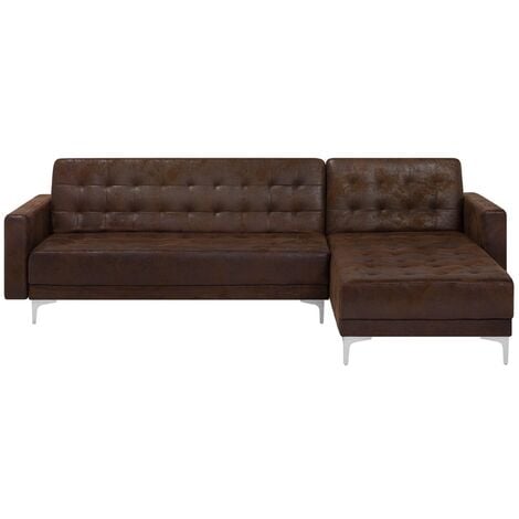 Modern Left Hand L-Shaped Corner Sofa Bed Brown PU Leather Tufted Aberdeen - Brown