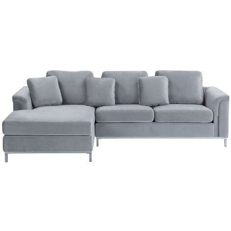 Modern Light Grey Velvet Couch Corner Sofa Silver Legs Right Hand Oslo - Grey