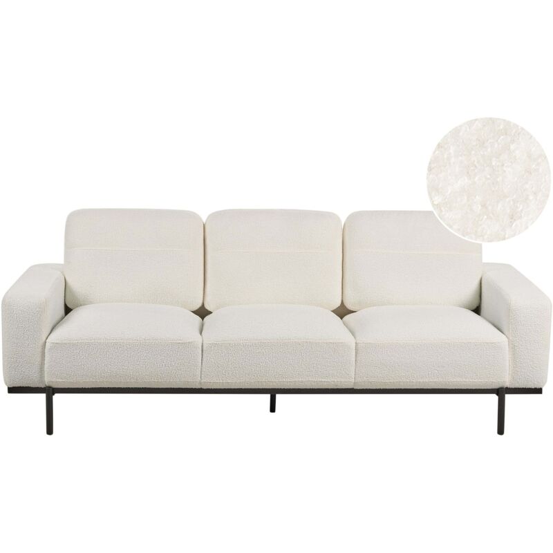 Beliani - Modern Living Room 3 Seater Sofa Couch Settee Upholstered Boucle Finished Back Black Metal Legs White Sovik