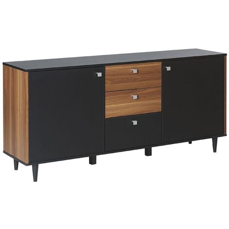 Modern Living Room Sideboard Cabinet 3 Drawers 2 Doors Black and Dark Wood Kuro - Black
