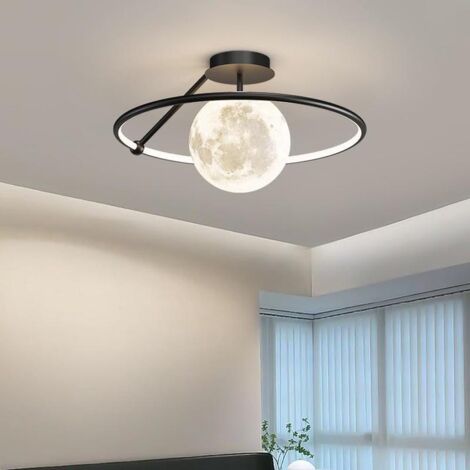 Modern luxury LED ceiling light, white sphere with 3D planet ring effect, dimmable, semi-recessed, black, for kitchen, dining room, or children's bedroom