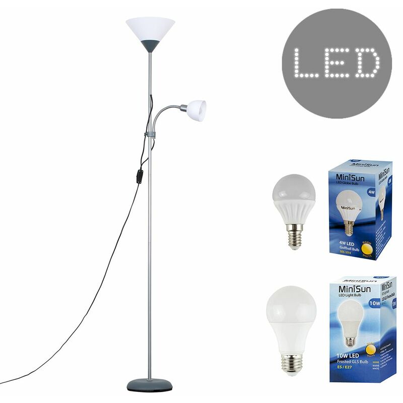 Minisun - Metallic 2 Way Mother & Child Uplighter & Spotlight Floor Lamp + led Bulbs - Silver