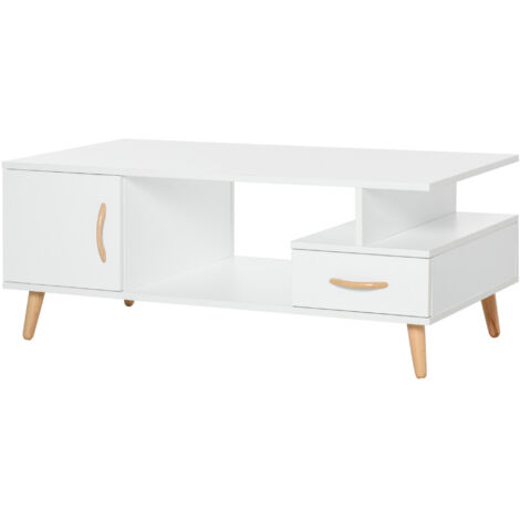 Modern Minimalism Coffee Table with Storage, Sofa Side Table with Shelf & Drawer for Living Room Reception Room, White