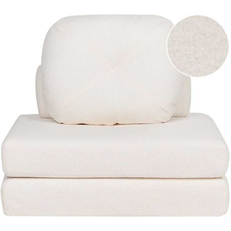 Beliani Modern Minimalist 1 Seater Fabric Boucle Sofa Pouffe Bed Single Guest Bed With Cushion White Olden