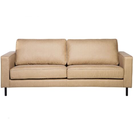 Modern Minimalist Faux Leather Sofa 3 Seater Cushions Metal Legs Beige Savalen - Beige