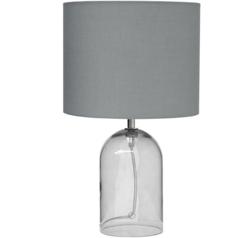 Modern Minimalistic Bedside Table Lamp Glass Base Fabric Drum Shade Grey Devoll