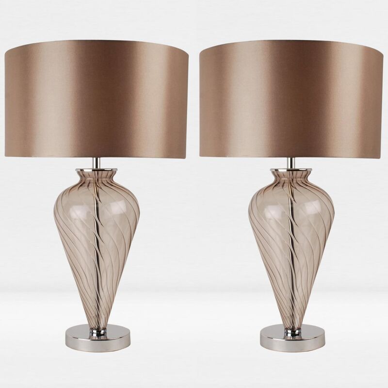 Pair of Mocha Glass Table Lamps with Fabric Shades