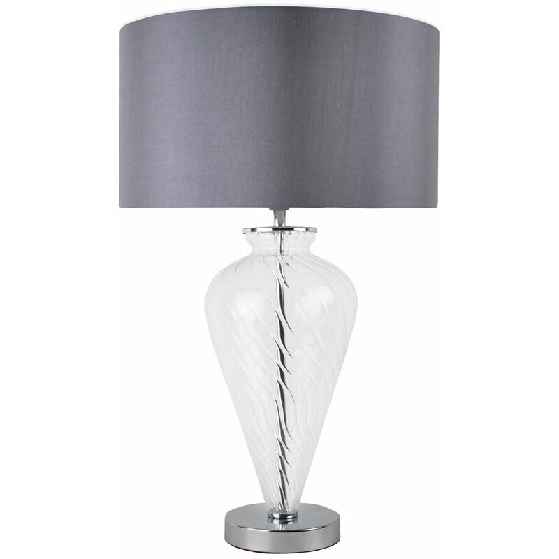 Clear Glass Table Lamp with Grey Fabric Shade