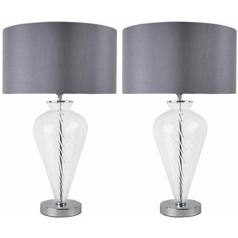 Pair of Clear Glass Table Lamps with Grey Fabric Shades