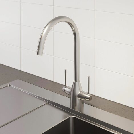 Modern Mono Kitchen Sink Mixer Tap Brushed Nickel Twin Lever Swivel Spout Faucet - Silver